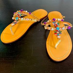 Women’s Flat Gold Sandal with Multicolored Stones Ankle Chain Estimating 7- 7/12